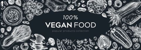 Vegan food banner on chalkboard. Healthy food background. Middle eastern cuisine frame. Hand drawn vegan meals and ingredients for menu, recipe, packaging design. Vegan food illustration